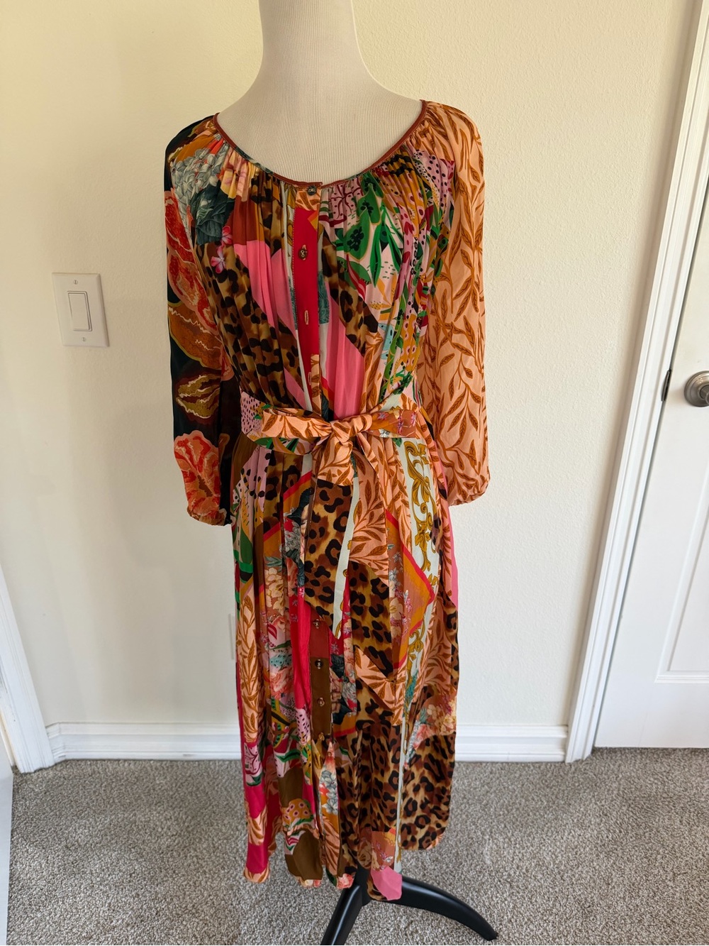 Geisha Designs Orange Printed Dress Scoop Neck Three-Quarter Sleeve with tie